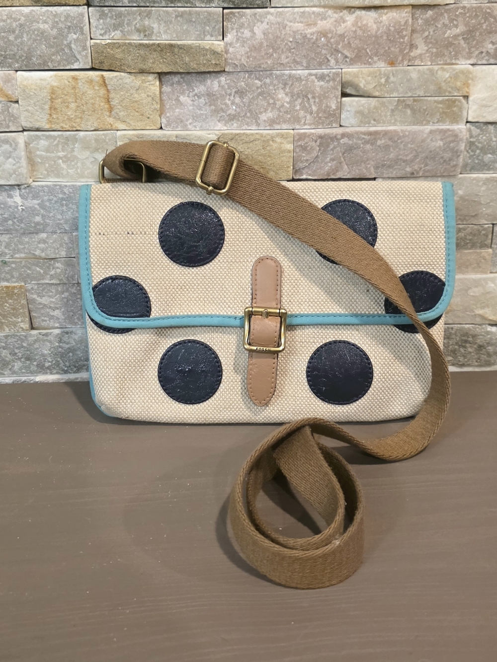 Fossil Beige Canvas Crossbody with Navy Polka Dots and Turquoise Trim